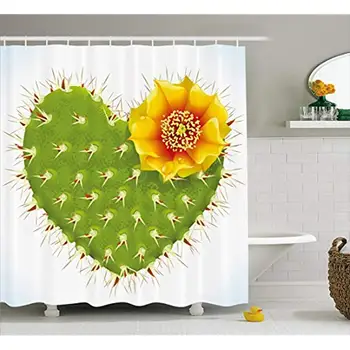 

Vixm Cactus Decor Shower Curtain Thorny Cactus in the Shape of Heart and Yellow Flower Opuntia Spikes Fabric Bath Curtains