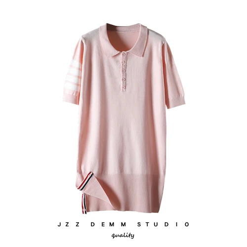 Лето Новое jzTB трикотажное платье поло свободное прямое платье с коротким рукавом в полоску Baoluoqun - Цвет: Розовый