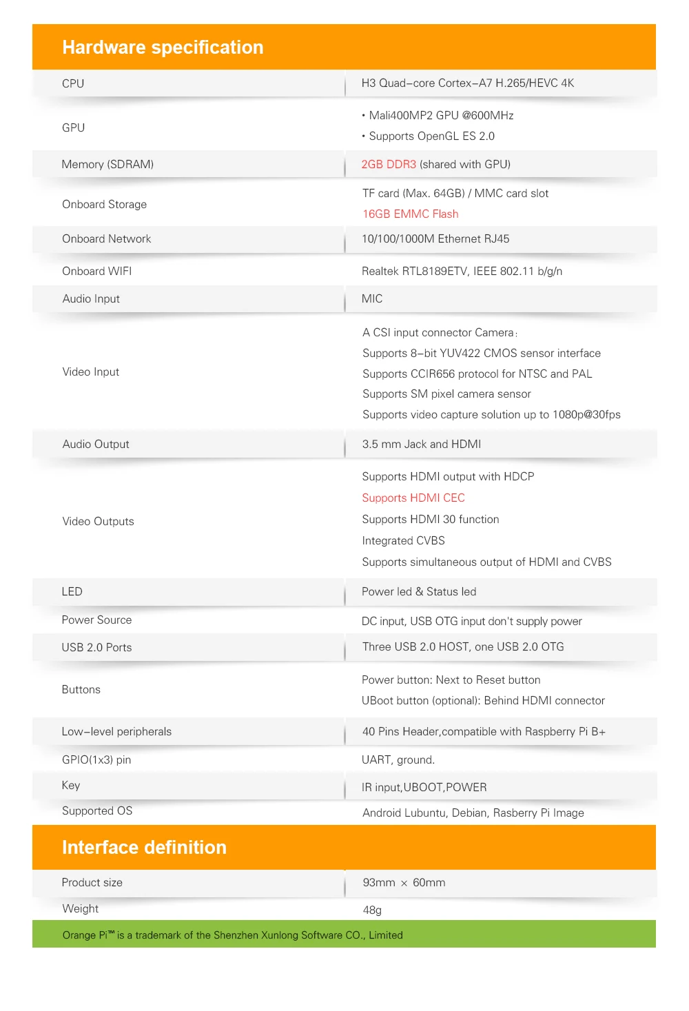 Orange Pi Plus 2e H3 4 ядра 2 Гб Оперативная память 4K с открытым исходным кодом макетная плата