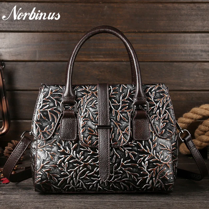 

Norbinus 100% Genuine Leather Women Handbag Natural Cowhide Female Tote Bag Famous Brand Messenger Shoulder Bags Lady Floral Bag