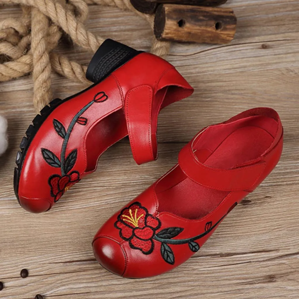 Женская обувь на среднем толстом каблуке с вышивкой ручной работы scarpe donna zapatos de