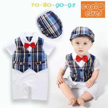 

Baby boy Gentlemen Romper+Hat Newborn Wedding Plaid Infantile Bow Tie Jumpsuit Summer Suit Casual Baby Clothes Custume