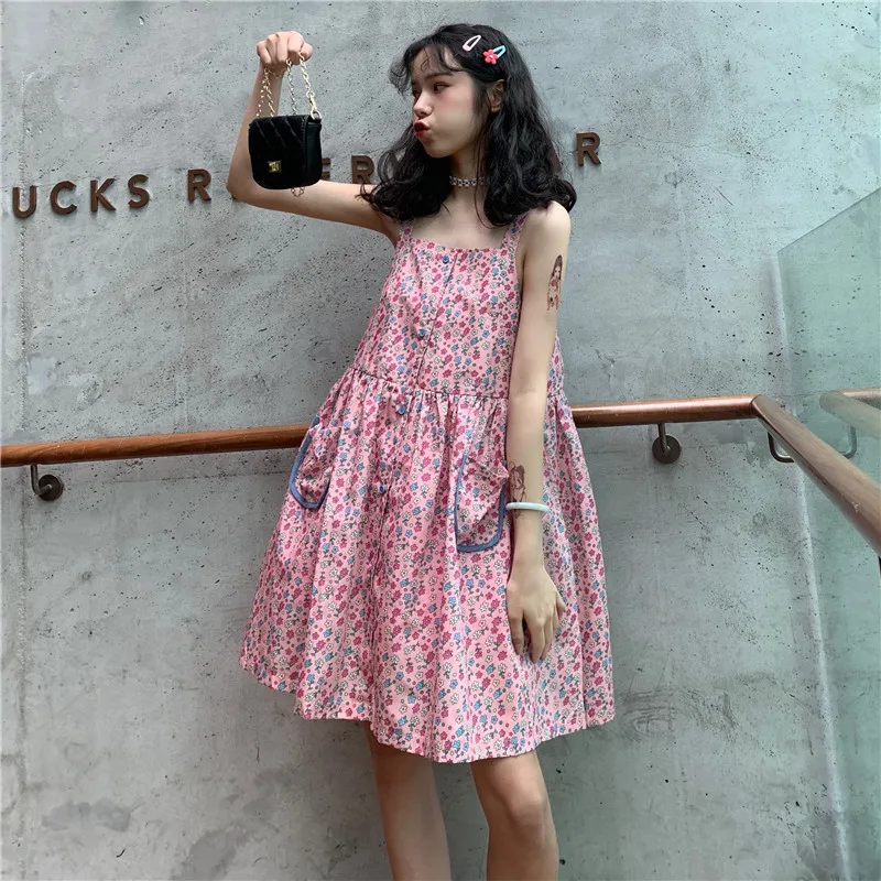 looose vestidos verano print pockets Korean Women's Clothing dresses summer style spaghetti strap pink short dress sweet new