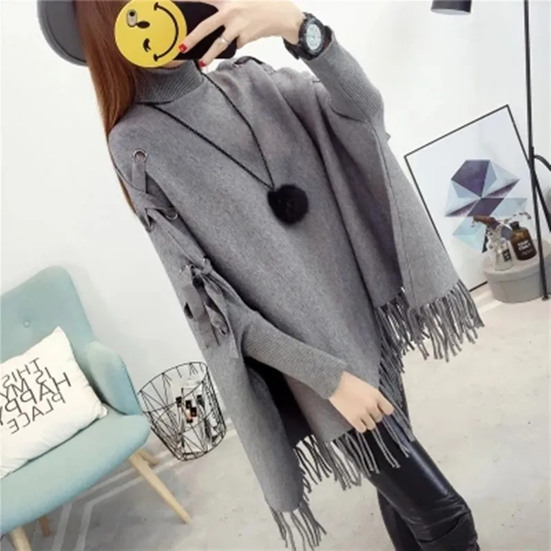 

Oversize Women Cloak Sweater New Arrival Fashion Autumn And Winter Lady Turtleneck Bat Sleeves Tassel Bow tie Poncho Knitwear
