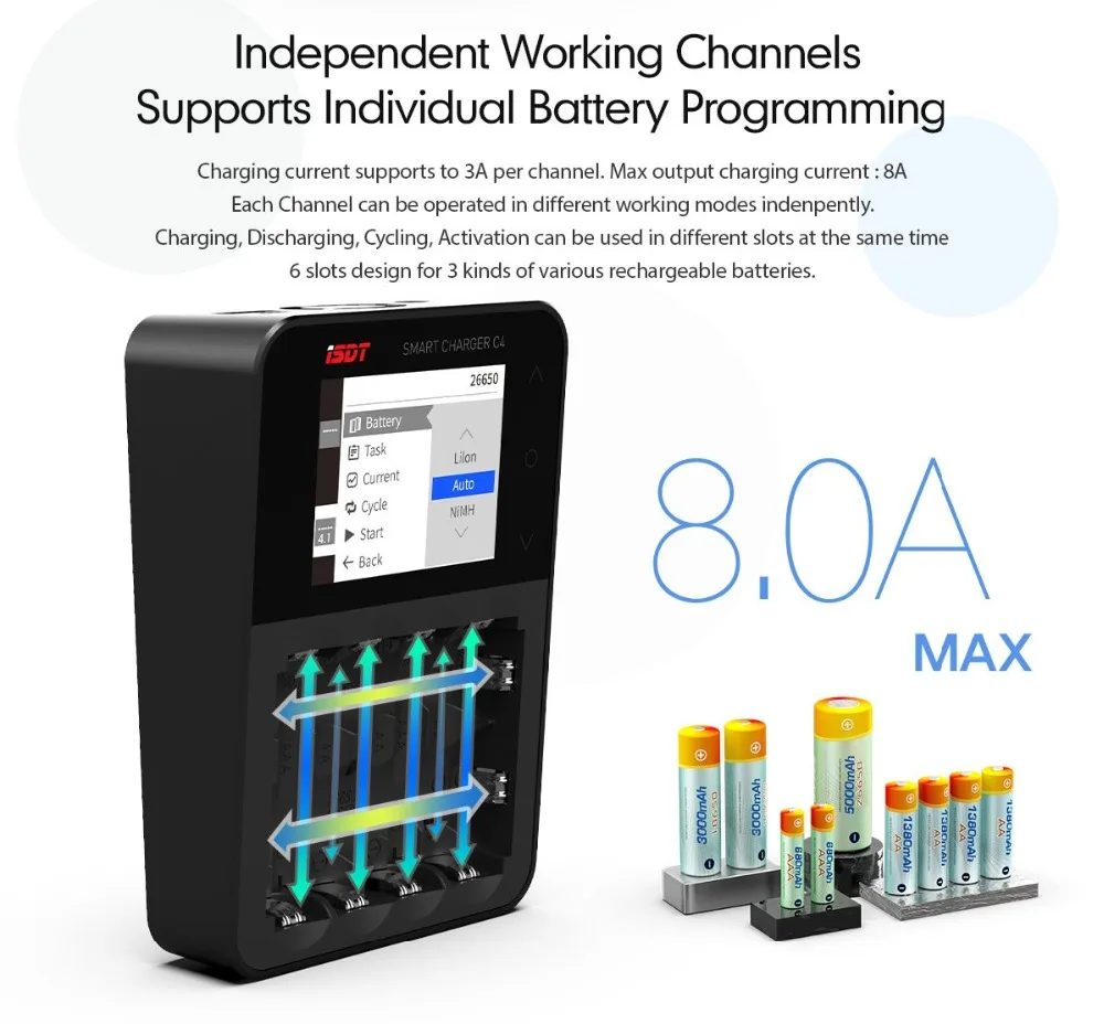  ISDT C4 8A Touch Screen Smart Battery Charger with USB Output for 18650 26650 AA AAA Battery with I - 32981221192