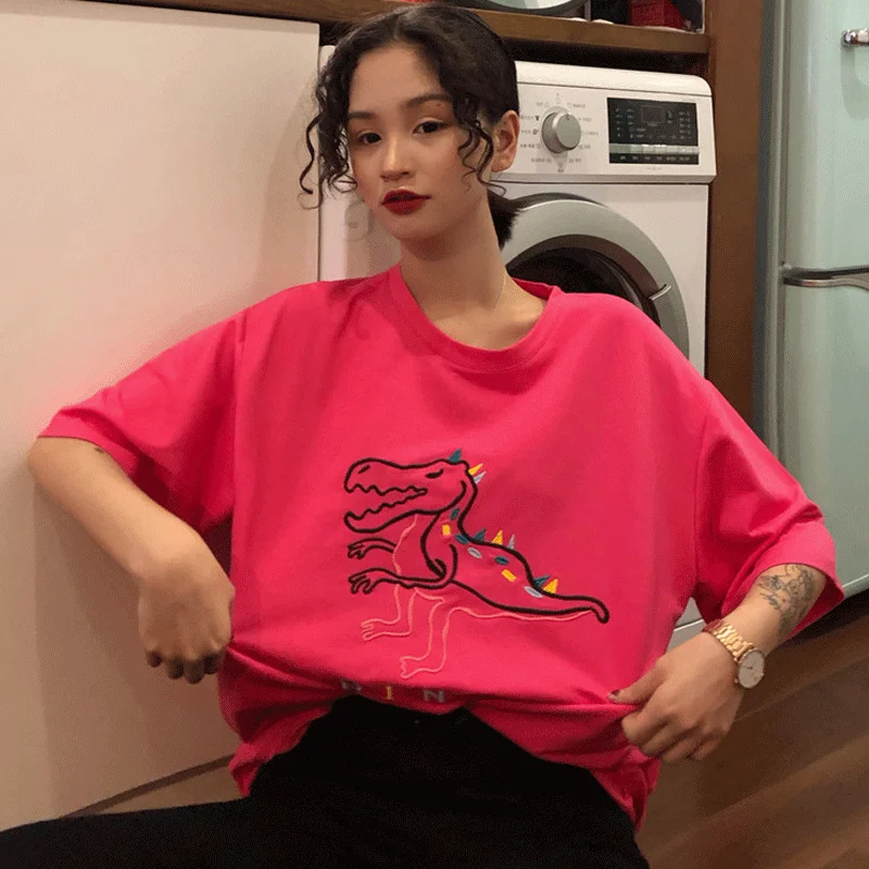 Летняя женская Футболка Harajuku Bf уличная с принтом динозавра коротким рукавом