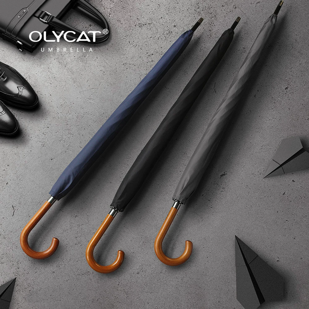 Baratos Paraguas largo de marca OLYCAT mango de madera japonés Paraguas de lluvia grandes Semi automáticos para hombre 8K a prueba de viento