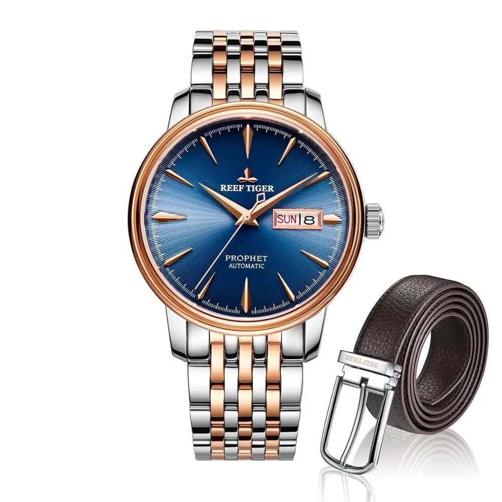 

Reef Tiger Classic Prophet Blue Dial Two Tone Case Mens Automatic Watch And Leather Belts Set