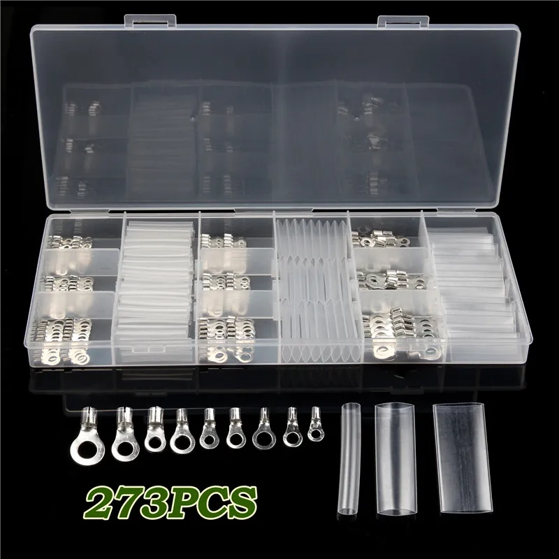 

273Pcs Non-Insulated Ring Bare Terminals Connectors Set Heat Shrink Tube Insulated Electrical Wire Cable Sleeves Kit with Box