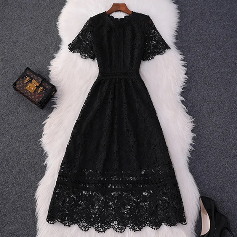 Элегантные Открытые черные кружевные платья высокое качество женские дизайнерские модные сексуальные Повседневные Вечерние платья с коротким рукавом летние новые