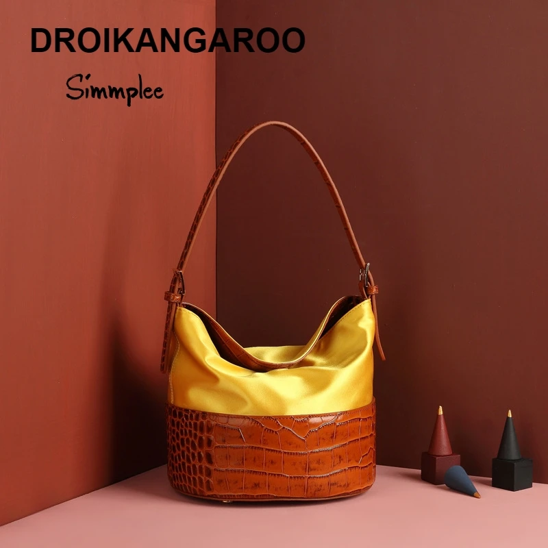 

Savi Silk Satin Cowskin Stitching Single Shoulder Bag Crocodile Pattern Retro Duke BucketLuxury Handbags Women Bags Designer
