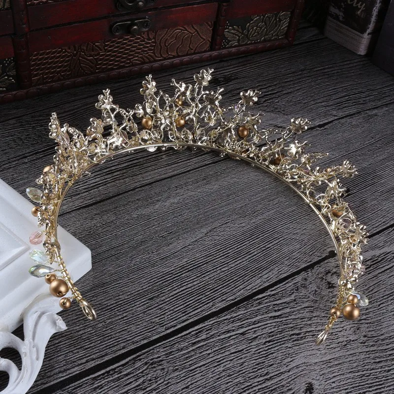 Luxury Pink Gold Pearl Bridal Crowns Tiara With Earrings Wedding Hair Accessories