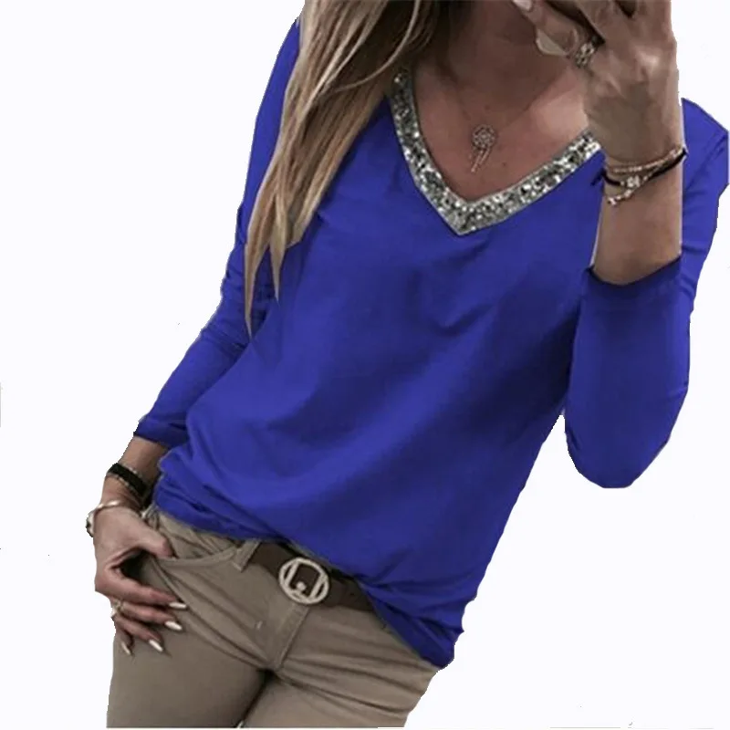 

2019 Hot Women Long sleeve T-shirt Fashion V-neck Sequins glitter Black red cotton tshirt for Female Work Wear Women Tops NS9000