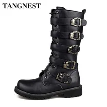 Tangnest/мужские армейские ботинки с металлической пряжкой повседневные военные ботинки до середины икры из яловичного спилка Осенняя обувь в стиле панк мужские Размеры 37-45, XMX854