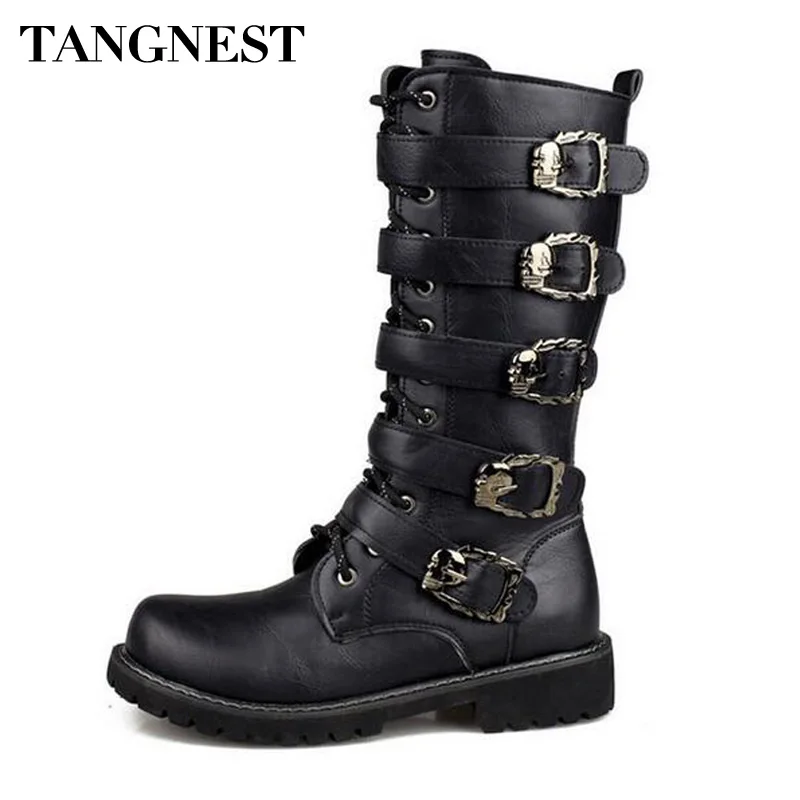 

Tangnest Men Combat Metal Buckle Boots Casual Cow Split Leather Military Mid-calf Boots Autumn Punk Shoes Men Size 37~45 XMX854