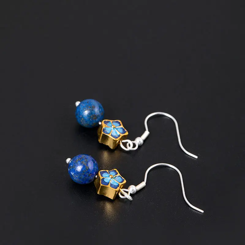 

Sweet Natural Blue Lapis Lazuli Stone Silver 925 Drop Earring For Women Blue Enamel Flower Handmade 925 Sterling Silver Jewelry