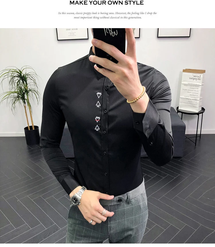 Рубашка с вышивкой для мужчин 2019 slim fit black wite Мужская рубашка camisa masculina camicia uomo