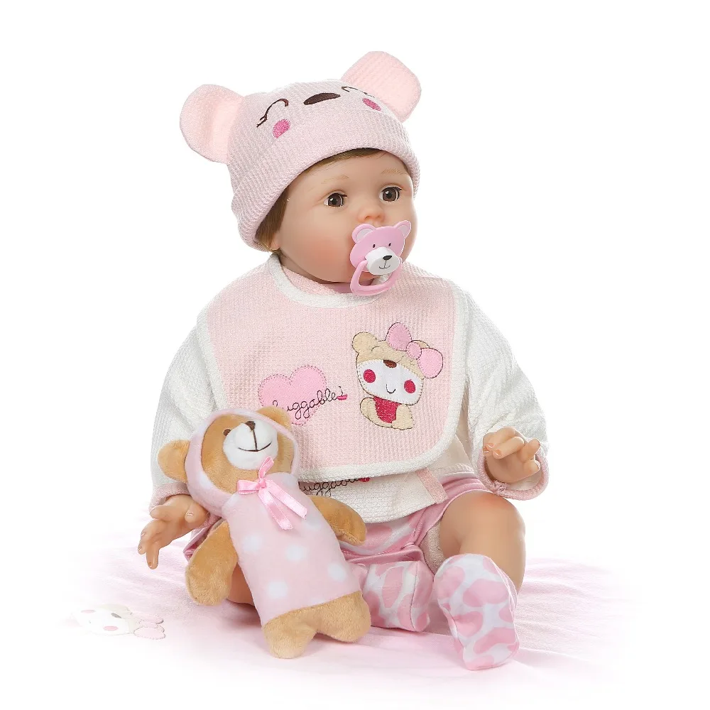 NPK 55 см Мягкая кукла Bebe Reborn Baby силиконовая кукла мигание глаза милая девочка подарок на день рождения с плюшевым медведем