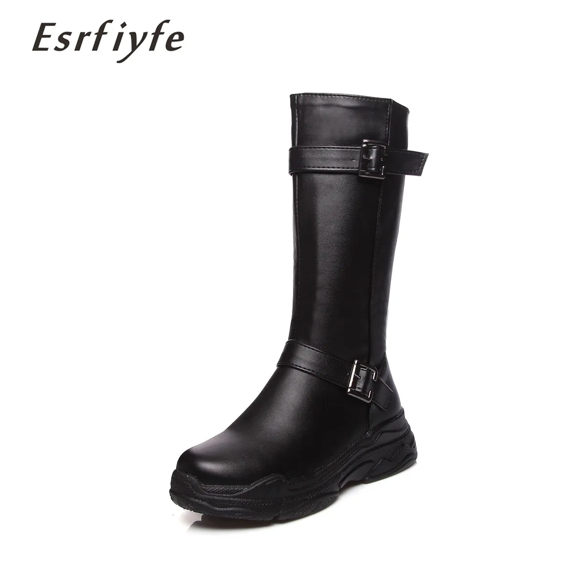 

ESRFIYFE New Winter Leather Women Mid Calf Boots Thick Heels Round Toe Platform Short Plush Snow Boots Solid Buckle Shoes Woman