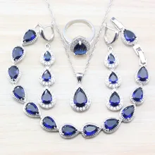 Очаровательный Для женщин аксессуары синий кубического циркония капли воды 925 пробы Серебряные комплекты ювелирных изделий для Для женщин модный подарок T24
