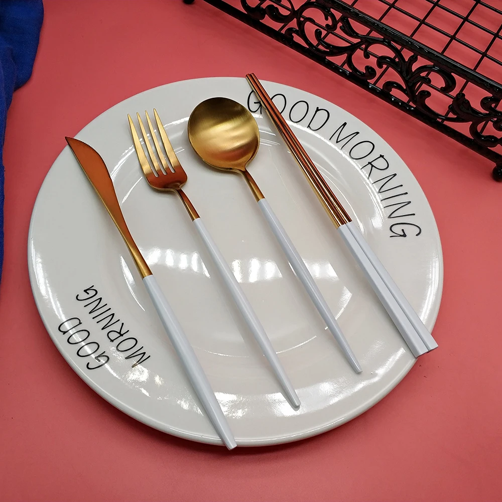 

Hot Sale 4pcs White Gold Dinnerware 304 Stainless steel Knife Fork Spoon Chopsticks Cutlery Kitchen Food Tableware Flatware Set