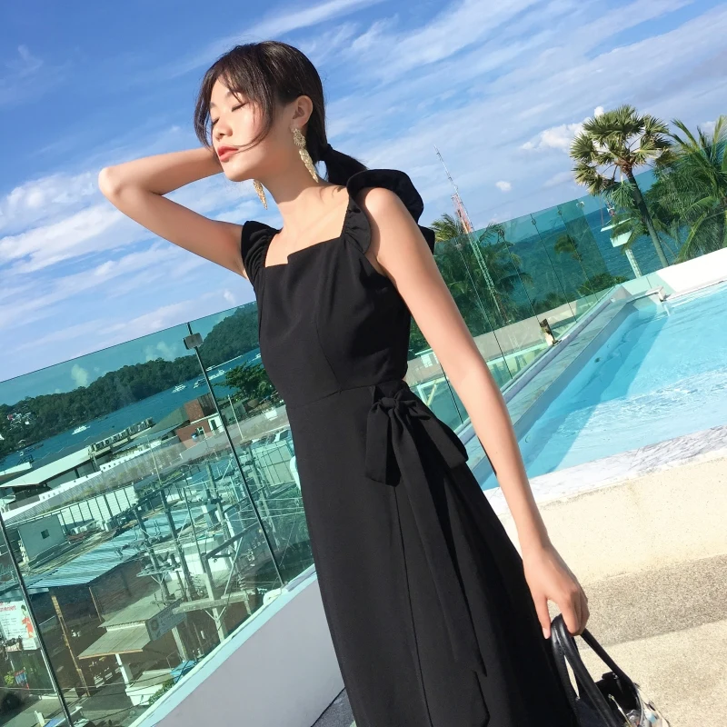 

DROWYD Summer Women's Beach Sling Sexy Dress Boho Black Split Backless Sleeveless Chiffon Vacation Club Party Dresses Vestidos