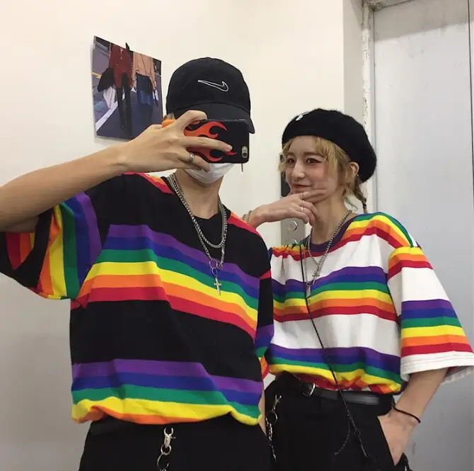 

New 2019 Summer Harajuku Rainbow Stripe Short Sleeve Loose T-Shirt