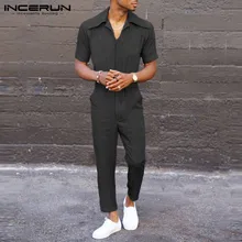 INCERUN, новая мода, мужские тонкие свободные джинсы с отворотом на шее, однотонный комплект, Ретро стиль, хип-хоп стиль, рабочие повседневные мужские брюки-карго, Комбинезоны для бега