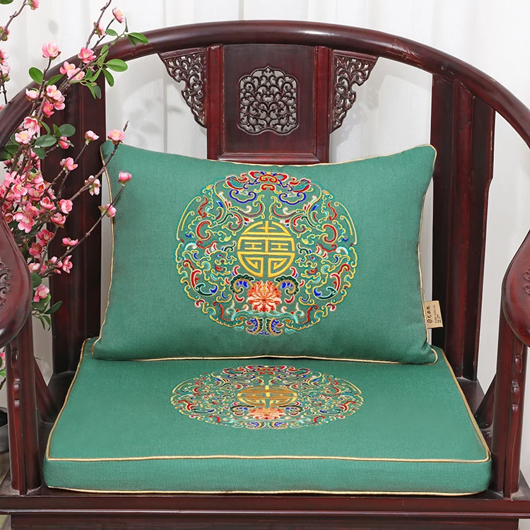 

Custom Luxury Sofa Armchair Dining Chair Pads Chinese Fine Embroidered Seat Cushions with Ties Cotton Linen Non-slip Zipper