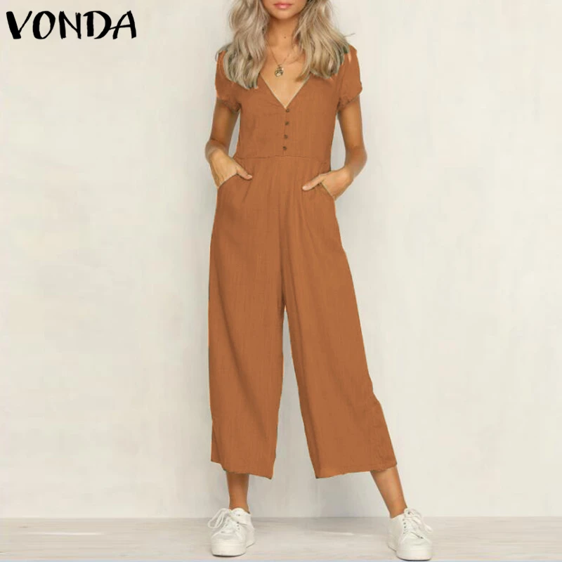 

VONDA Rompers Womens Jumpsuit 2019 Summer Sexy V Neck Short Sleeves Button Pockets Casual Cotton Plus Size Overalls