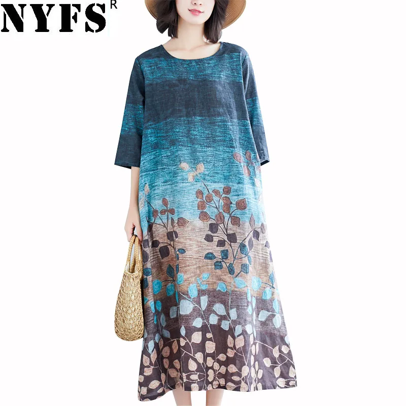 

NYFS 2019 New Summer dress Loose Large Size Long Dress Printed ethnic style Polyester Women Dress Vestidos Robe Elbise