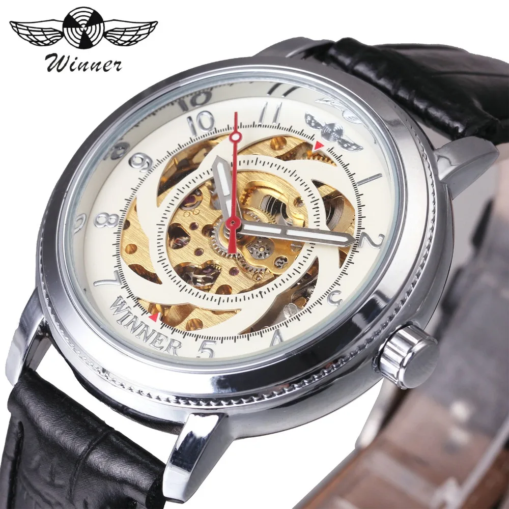 

WINNER Fashion Business Men Auto Mechanical Watch Windmill Golden Skeleton Dial Arabic Number Leather Strap Wristwatch + BOX