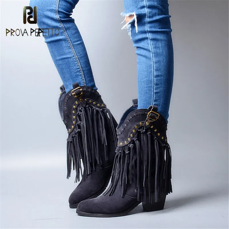 Prova Perfetto 2018 Winter New Design Real Leather Thick Heel Mid-caf Boots Tassels Black Color Fashion Brand Short Boots Female