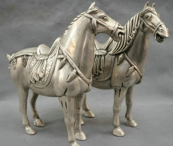 

9'' China Bronze Silver Statue Achieve immediate victory Horse Pair R0712