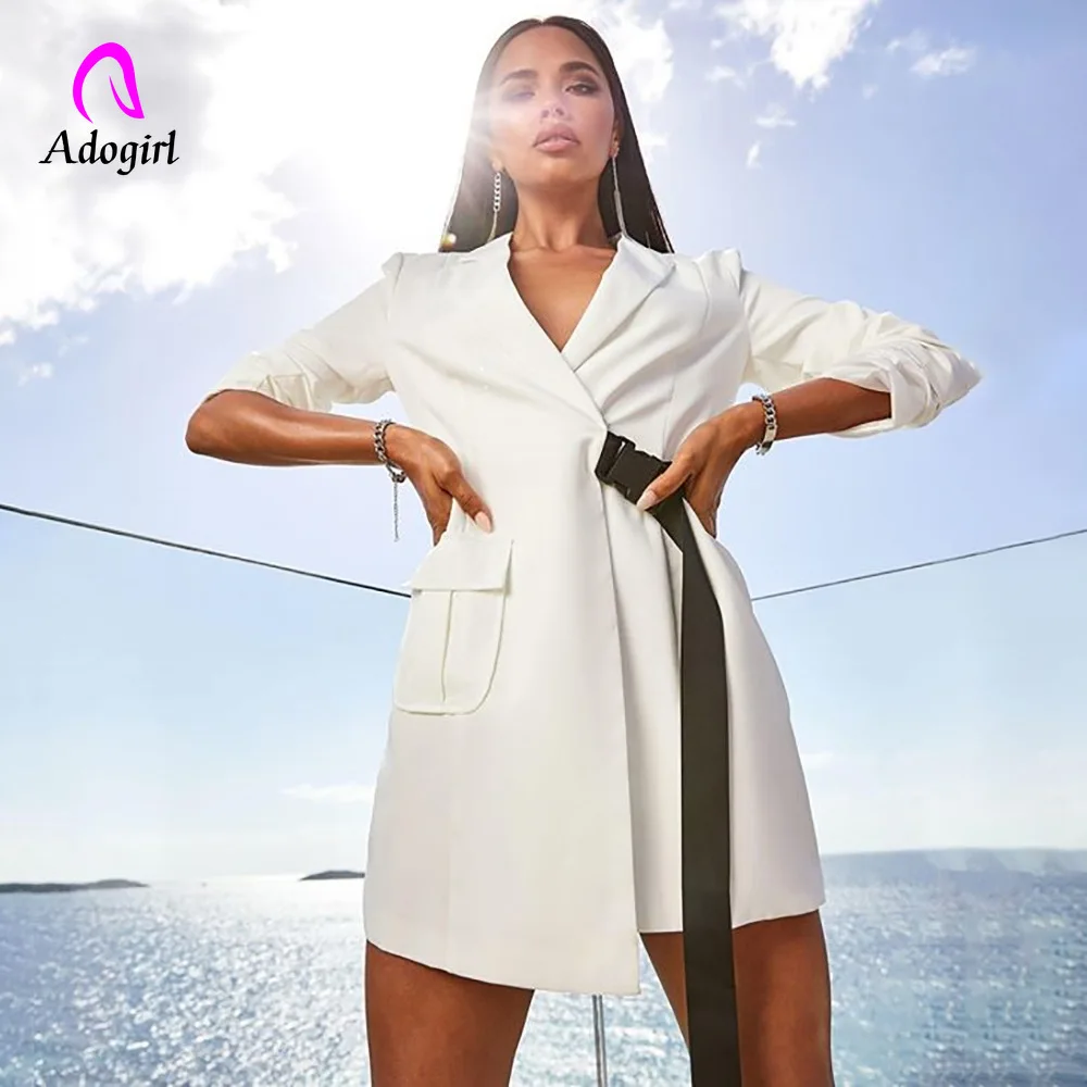 

Adogirl Ladies Elegant Notched Collar OL Bandage Long Blazer Women Long Sleeved Slim Jacket Coat Outfits 2019 Autumn New Blazer