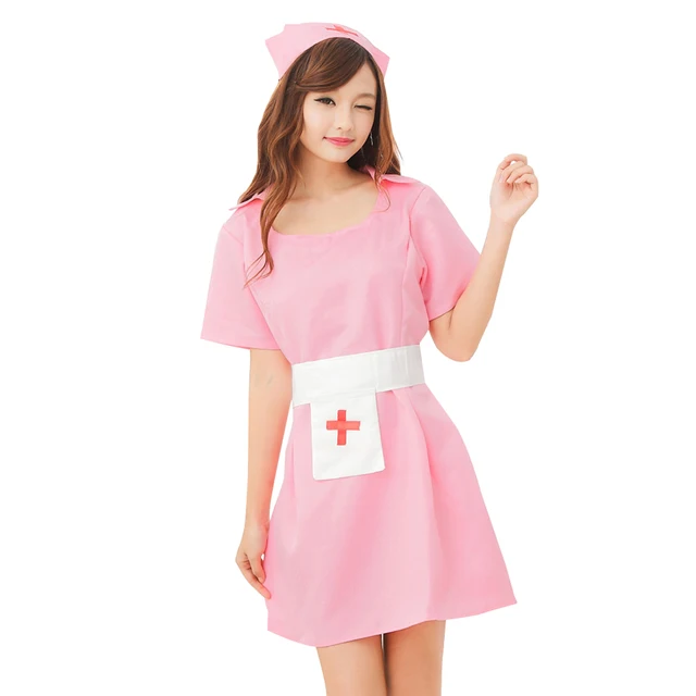 Lovely Pink Nurse Uniform Set Short Sleeve Apron Nurse Dress with Hat