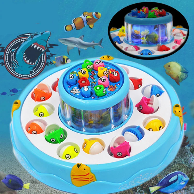 

Fishing Game Toy Set with Double-Layer Rotating Board/Flashing Lights and Music/ Includes Fish and Fishing Poles/Safe Gift Toy