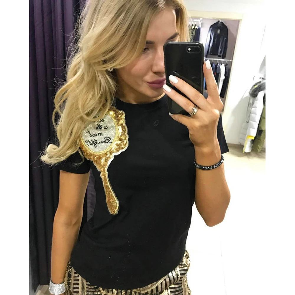

Tilapia new designs fashion women basic T-shirt who is the most beautiful magic mirror solid sequined girls sexy top T-shirt