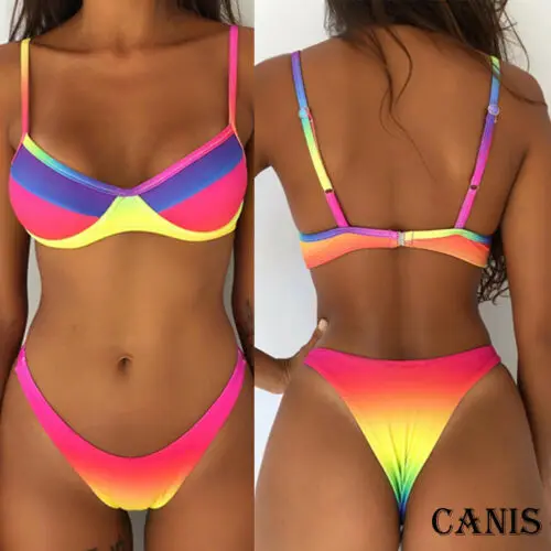 

Women Rainbow Print Bikini Swimwear Sunflower Monokini Bikinis Set Bathing Suit Triangle Swimsuit underwire Bra Beachwear Summer