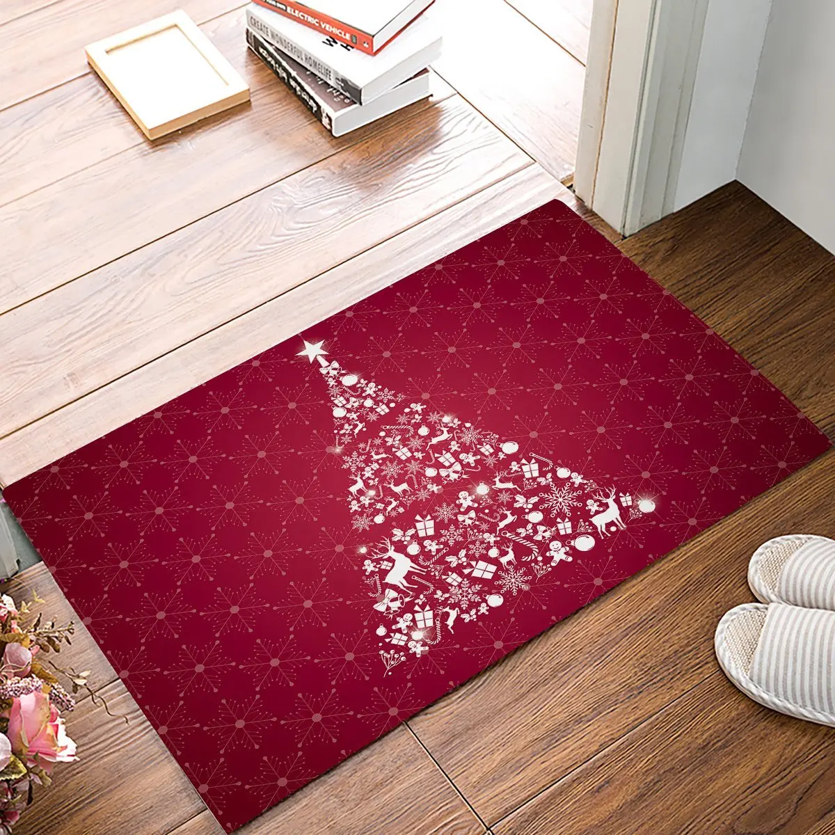 White Christmas Tree On Red Snowflake Background Door Mats Kitchen