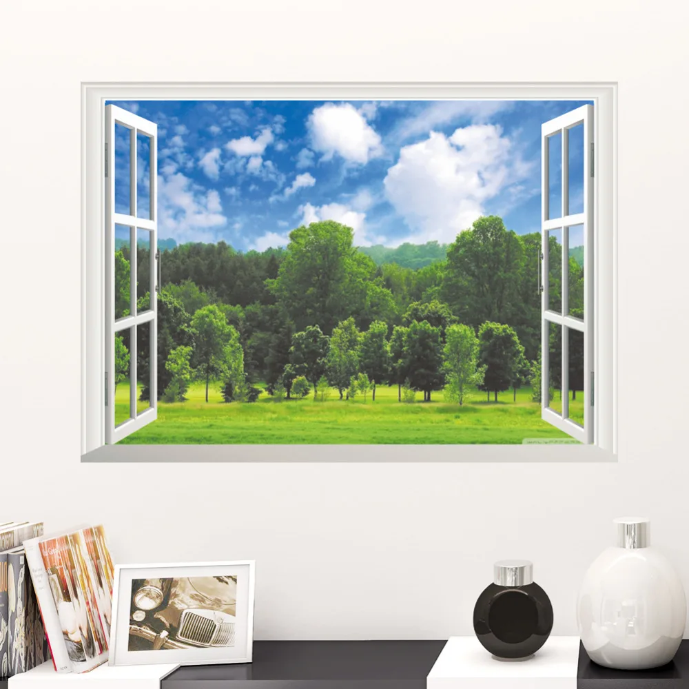 Kopen 3D venster bos Muurstickers Afneembare Art Decor Decoratieve Schilderen Leveringen Muur Behandelingen Stickers voor Kamer Slaapkamer
