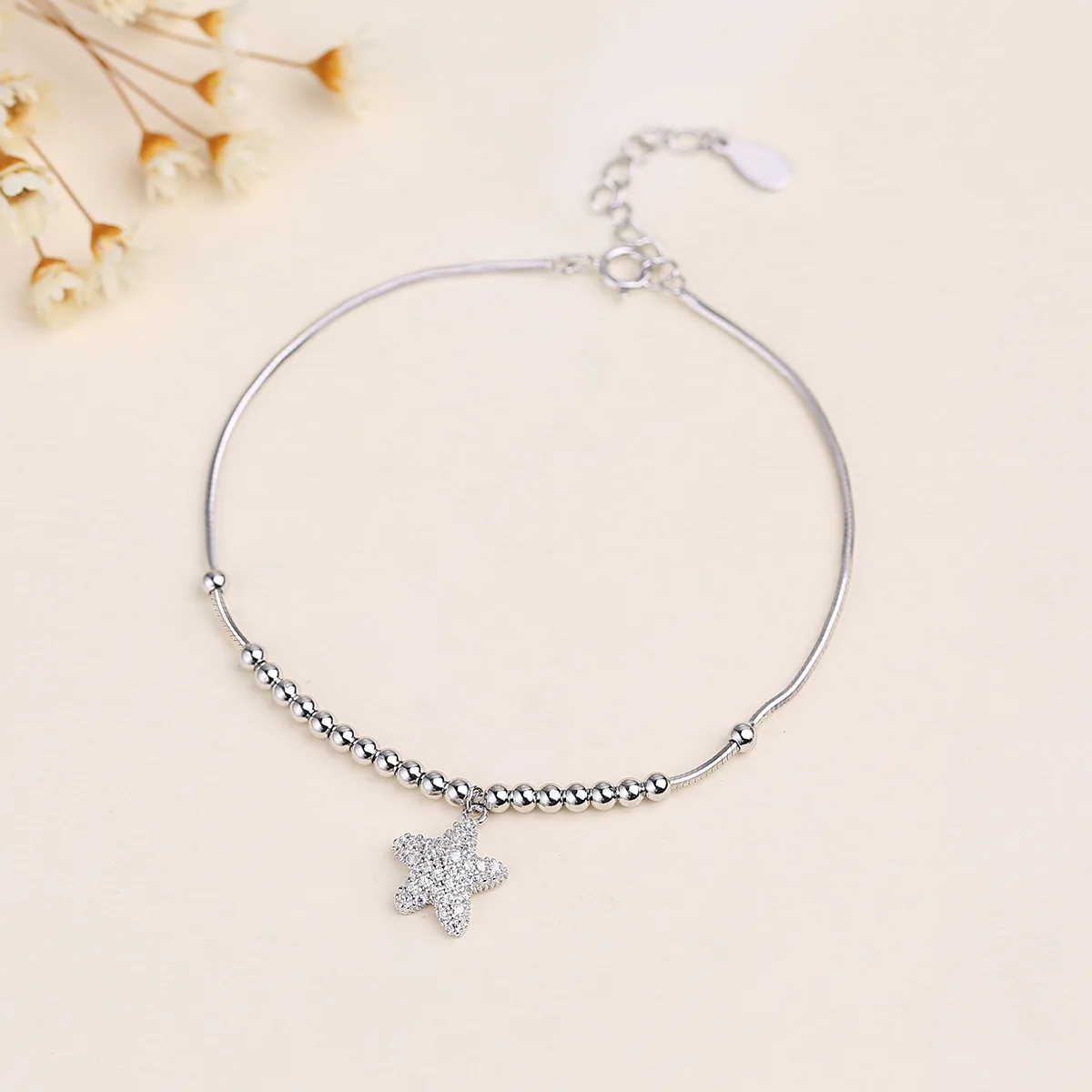 

S925 Silver Jewelry Snake Chain Bead Bracelet Hanging Starfish Mosaic Bracelet Fashion Girls Handwear Jewelry Wholesale