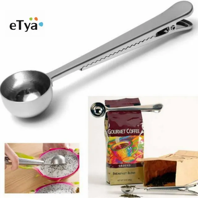 Best Price eTya 1PC Durable Stainless Steel Spoon With Bag Clip Ground Tea Coffee Scoop With Portable Bag Seal Clip powder Measuring tools