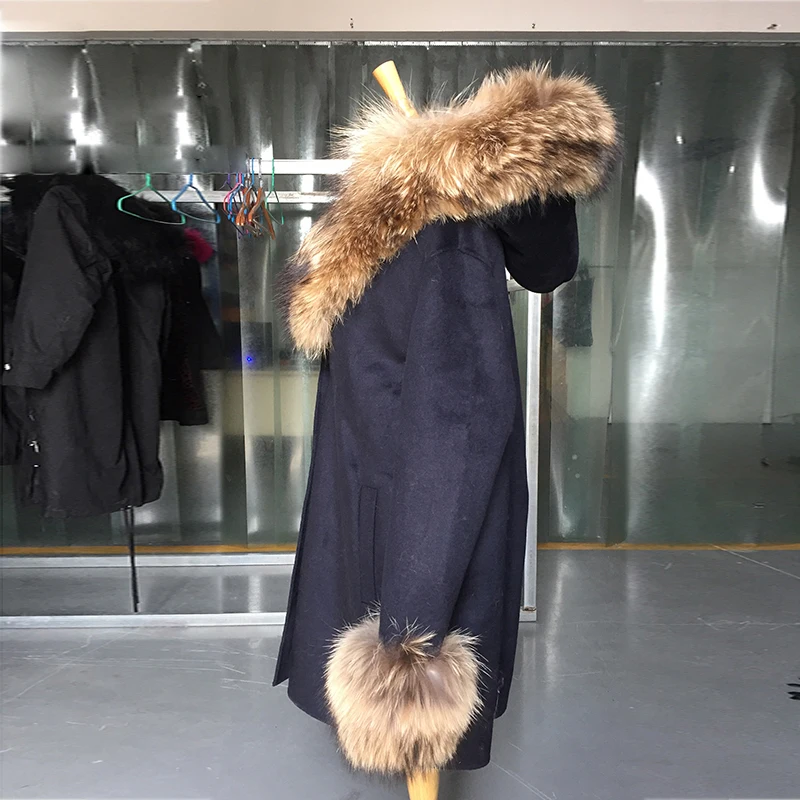 New Nature Raccoon Fur Collar Overcoat Women Winter Outerwear Long Woolen Coat Fashion Female Jacket Real Fur Hooded Coat