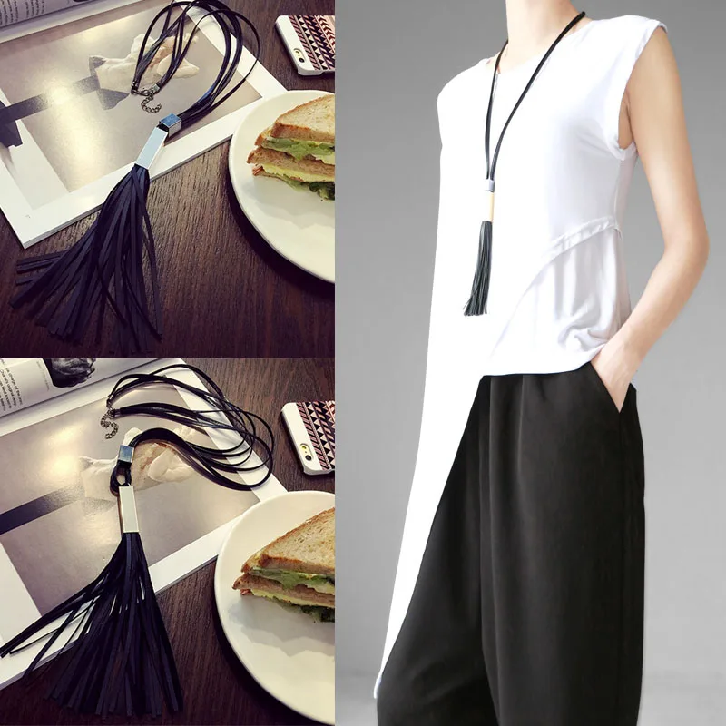 

New Women Trendy Simple Style Black Leather Tassel Pendant Necklace Long Sweater Chain Jewelry