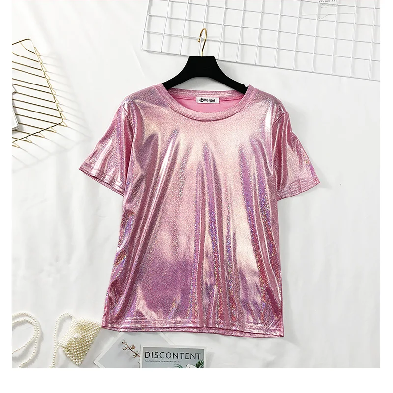 GBYXTY Casual Basic T-Shirt Streetwear Holographic Gloss T Shirt 2020 Summer Women Short Sleeve Loose Tee Shirt Femme Top ZA1471