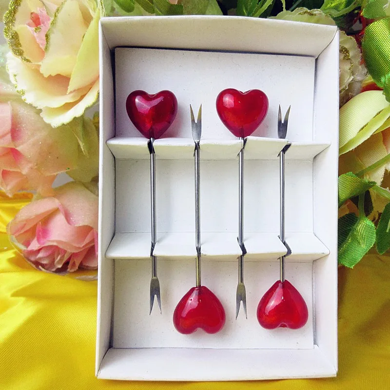 

2016 high quality fashion wedding tableware stainless steel fruit dessert fork handmade glass heart shaped sculpture decoration