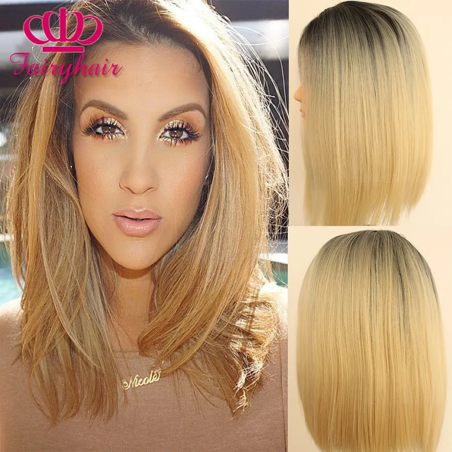 Cheap Ombre Dark Brown Blonde Short Bob Wigs With Baby Hair