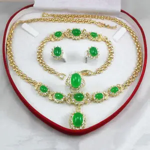 

Free shippingwomen's jewelry sets green jade 18K GP crystl Earring Bracelet Necklace Ring AA