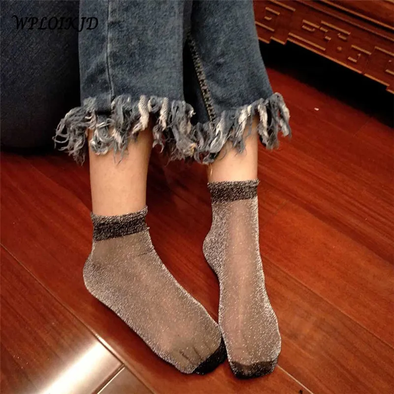 

[WPLOIKJD]Transparent Glitter Socks European Style Colorful Ultrathin Women Crystal Glass Silk Sox Art Lace Shiny Elastic Socks